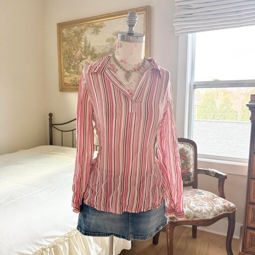 90s pink striped long sleeve silk blouse Liz Lange maternity 100% silk